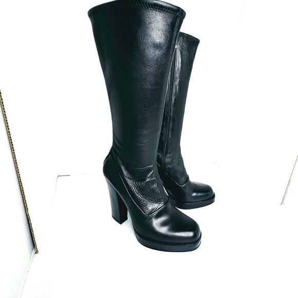 Prada Vintage Black Leather Sock Boots Size 38.5 High Block Heel Stretch Shaft - Picture 12 of 12